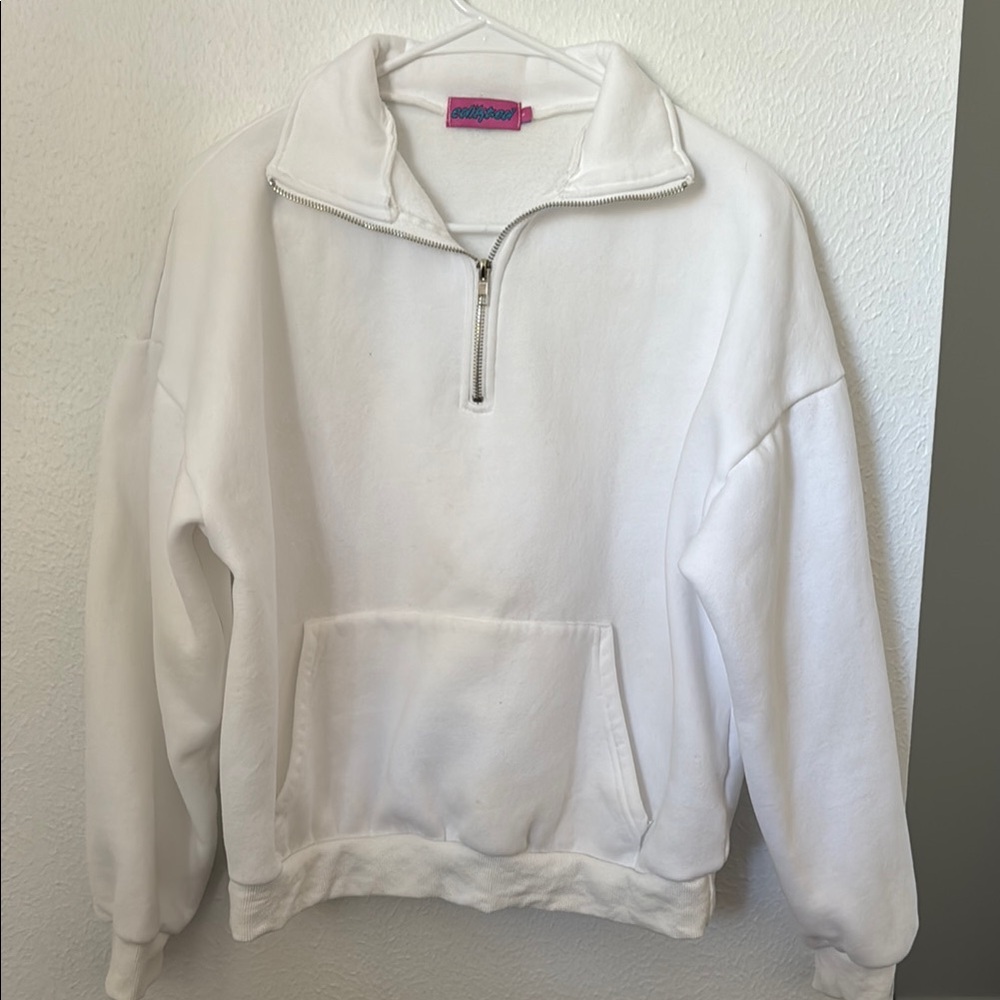 White Zip Up Sweater with Stand-Up Collar